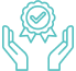 Hands holding a check-marked badge icon.