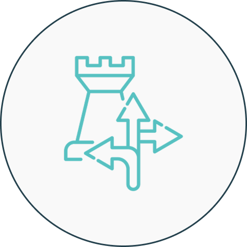 Castle tower with diverging arrows icon.